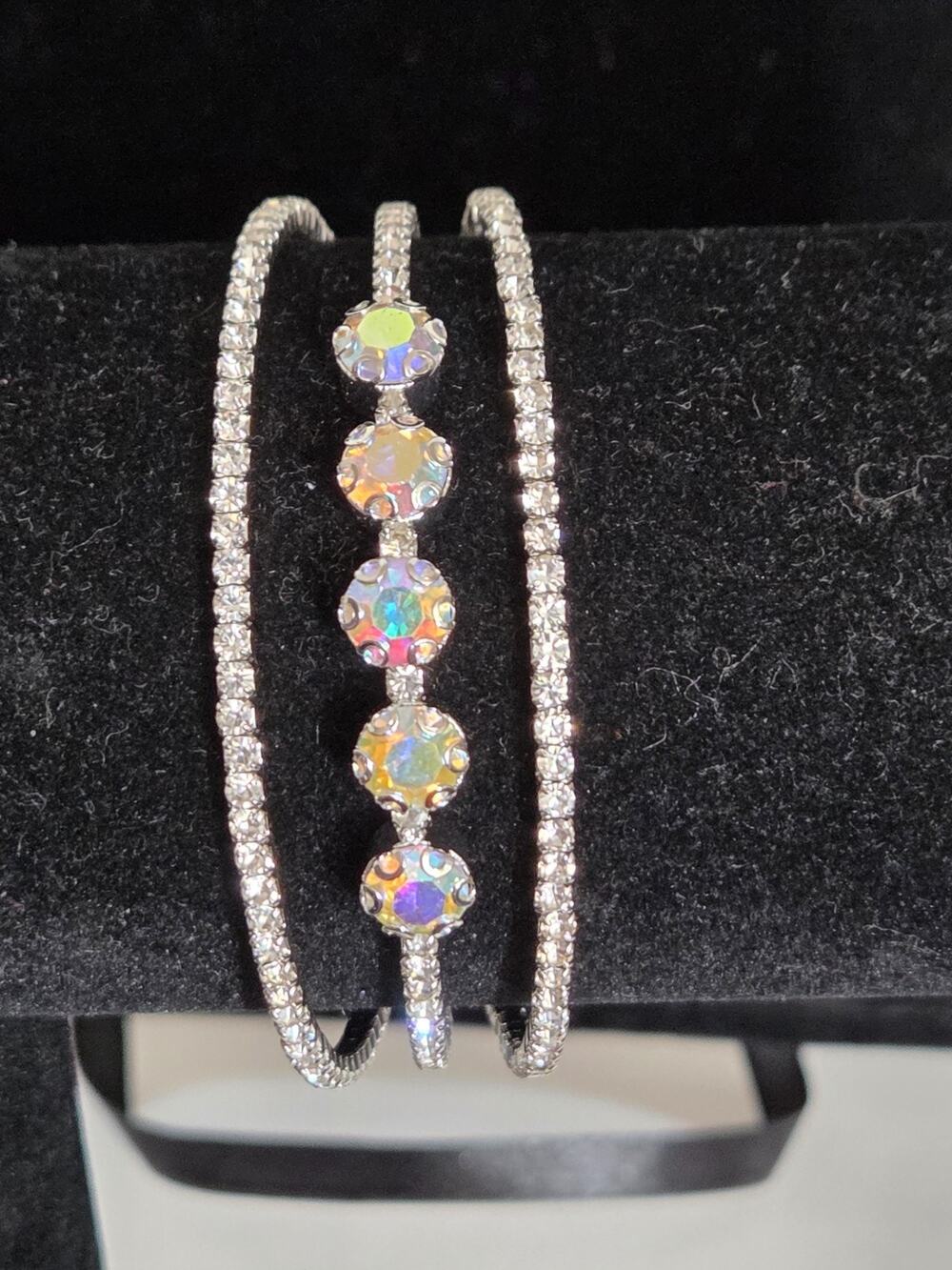 Silver Tone Aurora Borealis Clear Rhinestone Three Row Cuff Bracelet #EAB10